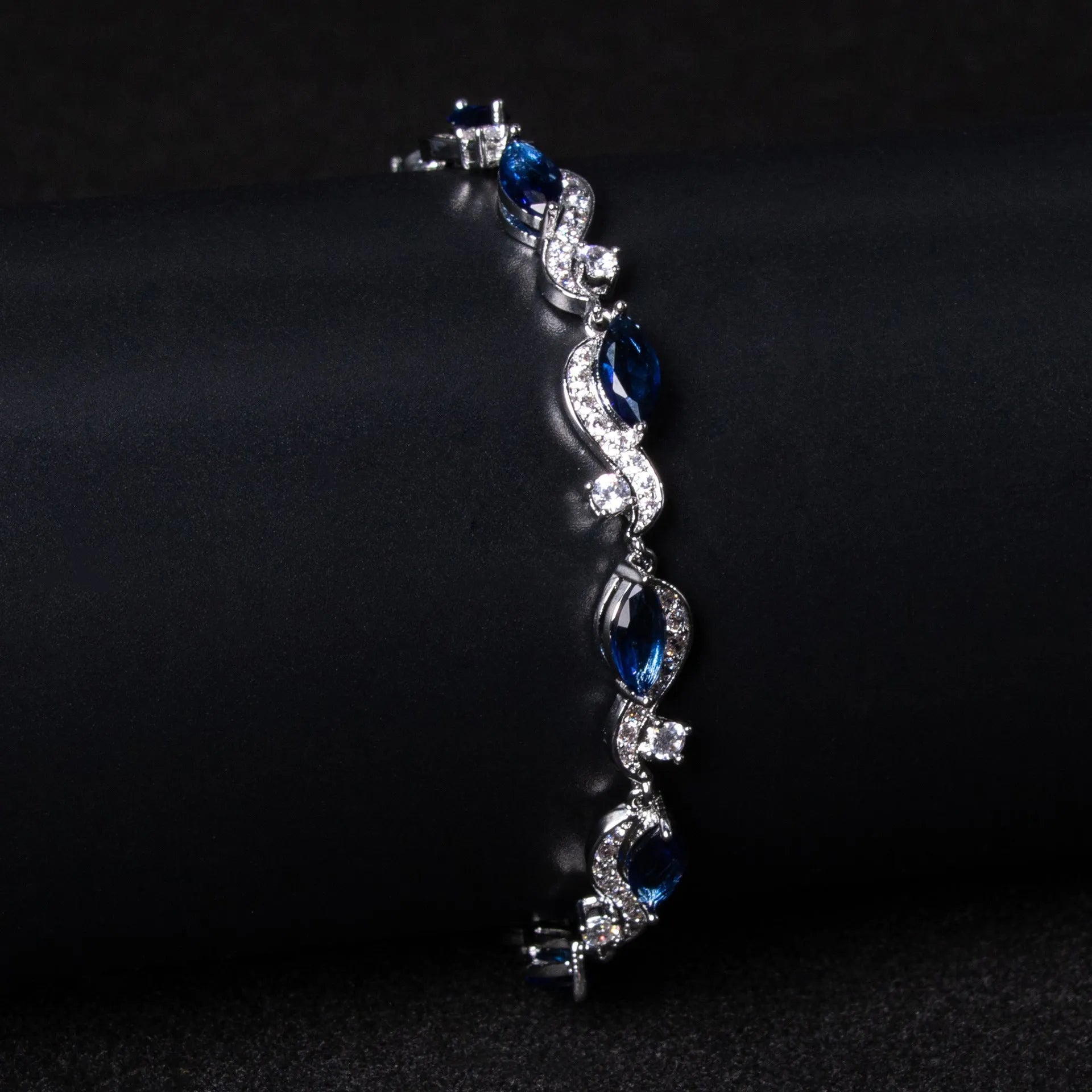 Zircon line bracelet for women, copper geometric shape, inlaid zircon, blue colour option