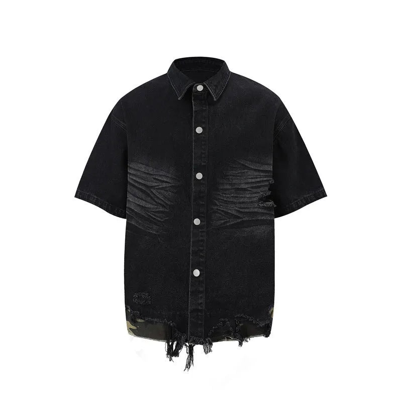 Leopard print denim matching set with short sleeve top and shorts featuring raw cut edge stitching