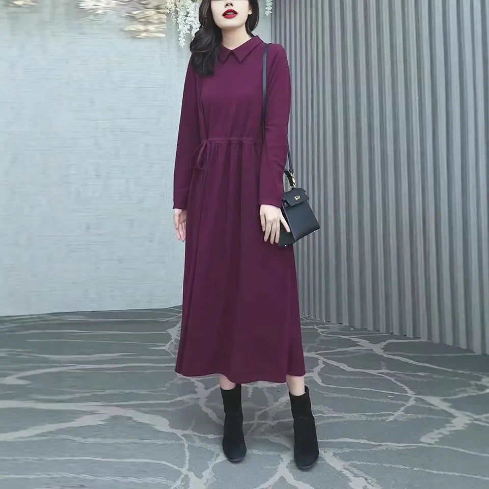 Purplish red plus size women's long sleeve dress with a long skirt for autumn winter wear.