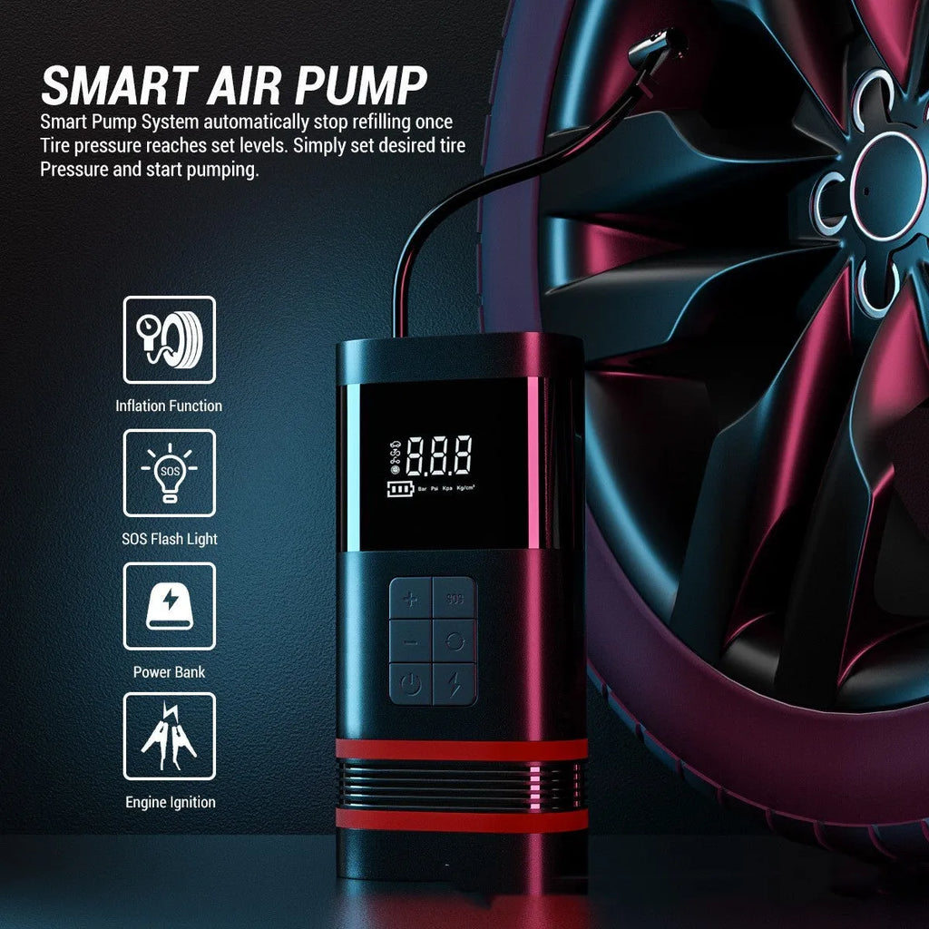 Black rectangular automobile emergency jump starter power bank with USB port and LED light.