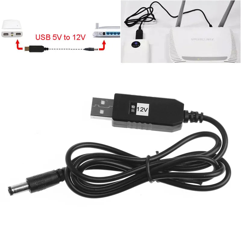 Black USB to 12V step-up converter cable with 2.1x5.5mm plug and USB A male connector, 1 metre length on white background