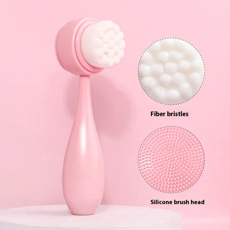 Facial brush and coral fleece hair band set in purple, grey, white, and pink colours.
