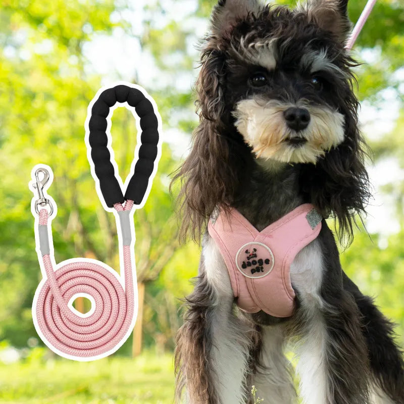 Polyester dog vest and hand holding rope set in blue, green, pink or yellow colour options
