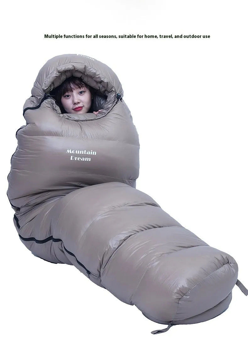 Ultralight mummy-style sleeping bag filled with white duck down, shown in army green 400T nylon fabric.