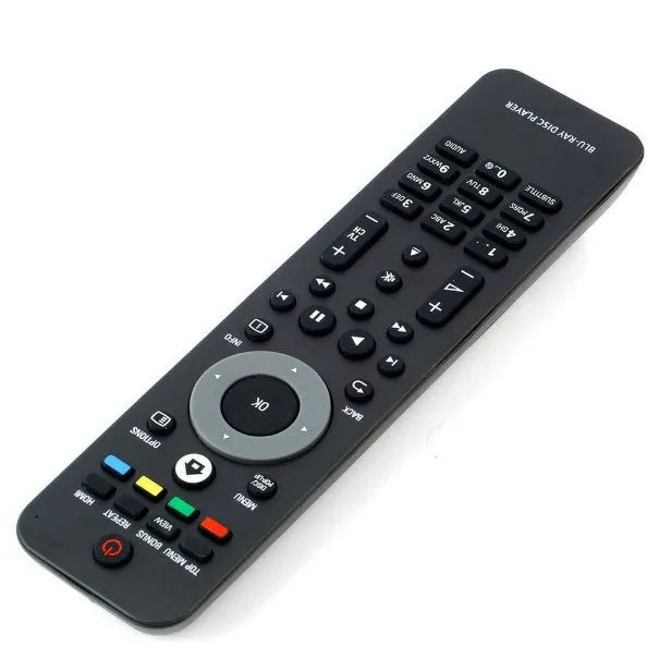 Black plastic universal remote control for Philips Blu-ray disc player BDP7500/98, 18.5 x 4.7cm