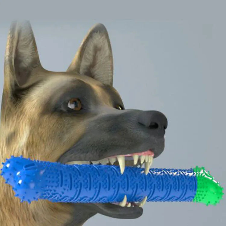 Blue and green silicone dog molar tooth cleaning toy with textured brush head and nodules, 25cm long.