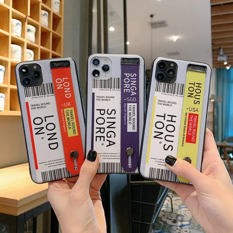 Apple iPhone mobile phone case with wristband attachment in red, violet and yellow colour options