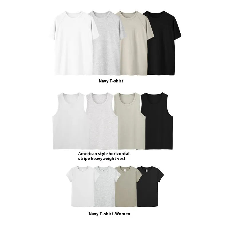 Navy slim fit stretch t-shirt shown in vest and short sleeve styles for men and women.