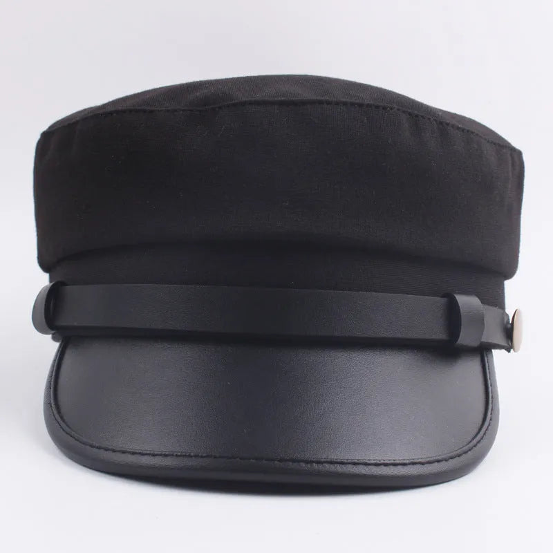 Navy imitation leather peaked cap with flat brim, dome crown, size M 56-58cm, front view