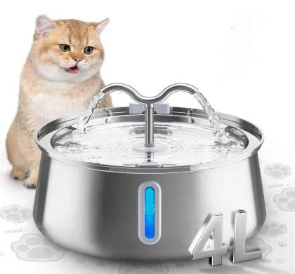 Stainless steel pet water dispenser with large 4-litre tank and selectable water outlet design