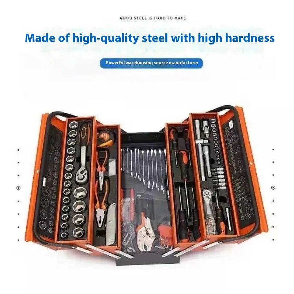 85-piece auto repair kit in a large three-layer toolbox for car and household use