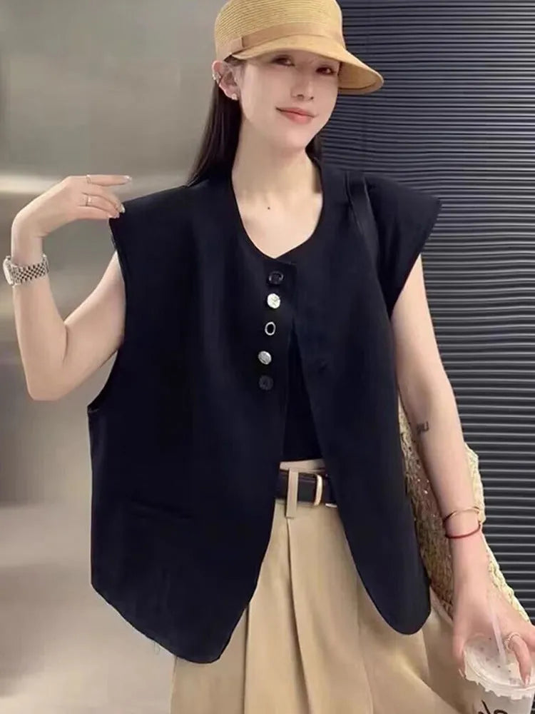 Women's loose fit polyester vest in short length with pockets, shown in milk white colour