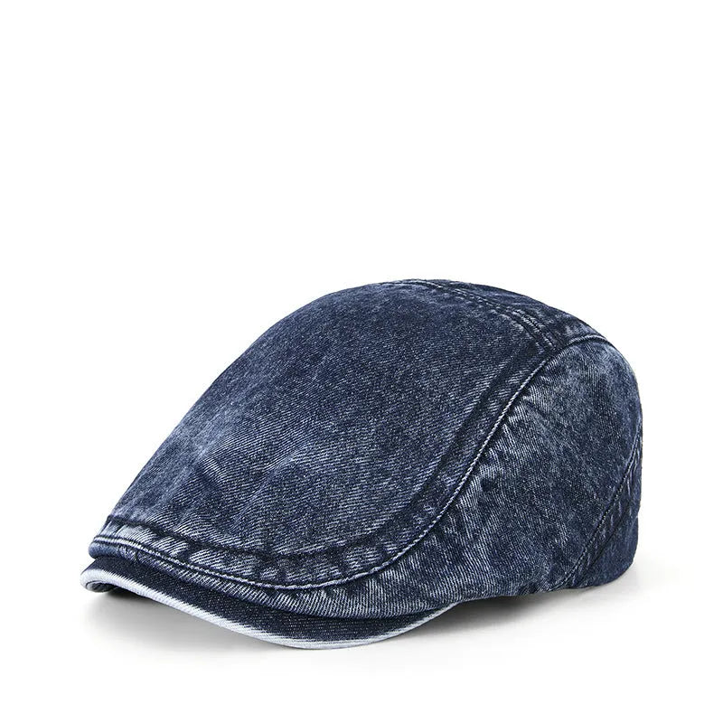 Men's forward baseball cap style hat with flat top crown design in denim blue cotton fabric