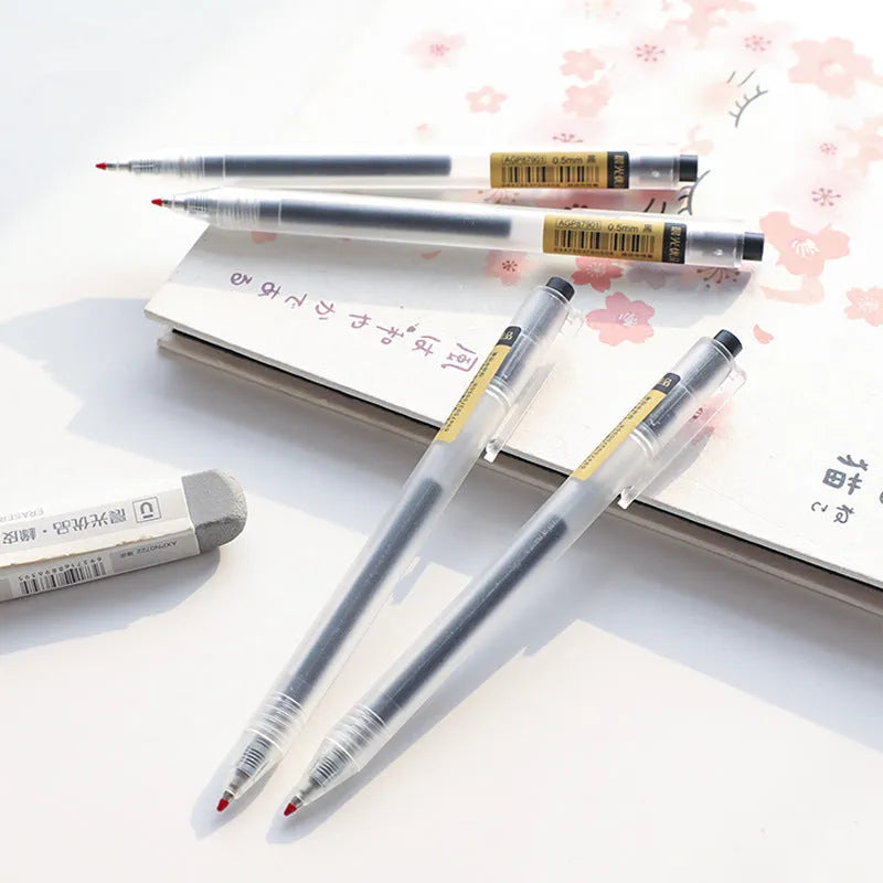 12 black retractable gel pens with frosted stick barrels and 0.5mm tips plus 2 refills