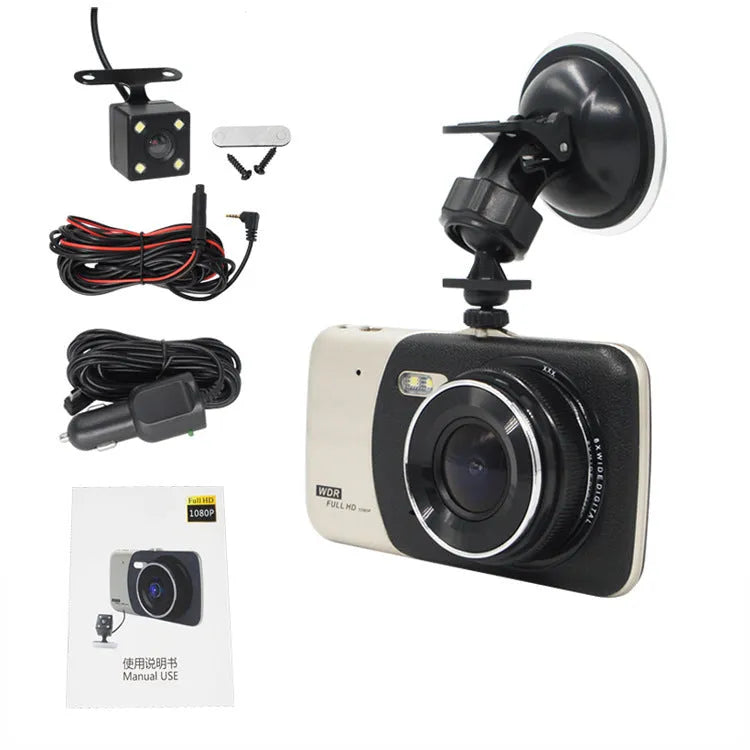 Black HD 1080P car driving recorder with 170° wide angle lens, mounted on windscreen
