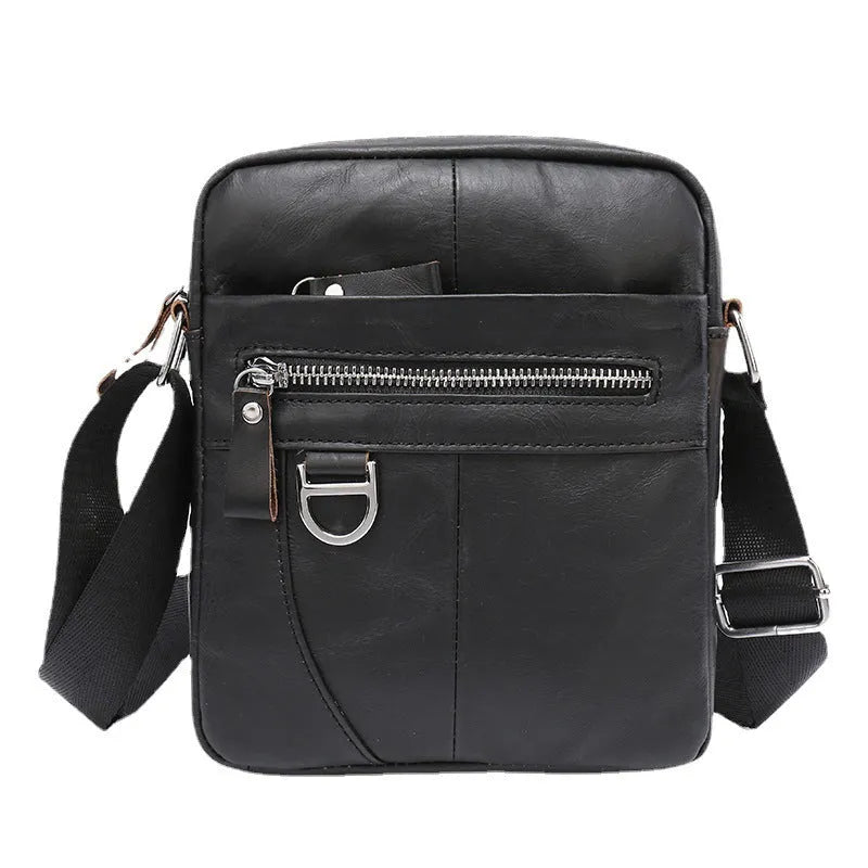 Black retro genuine leather shoulder messenger bag for boys with sewing line detailing