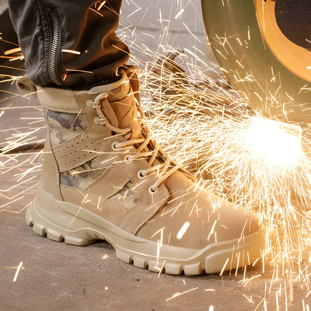 Khaki suede high-top safety combat boots with steel toe cap and front lace-up closure.