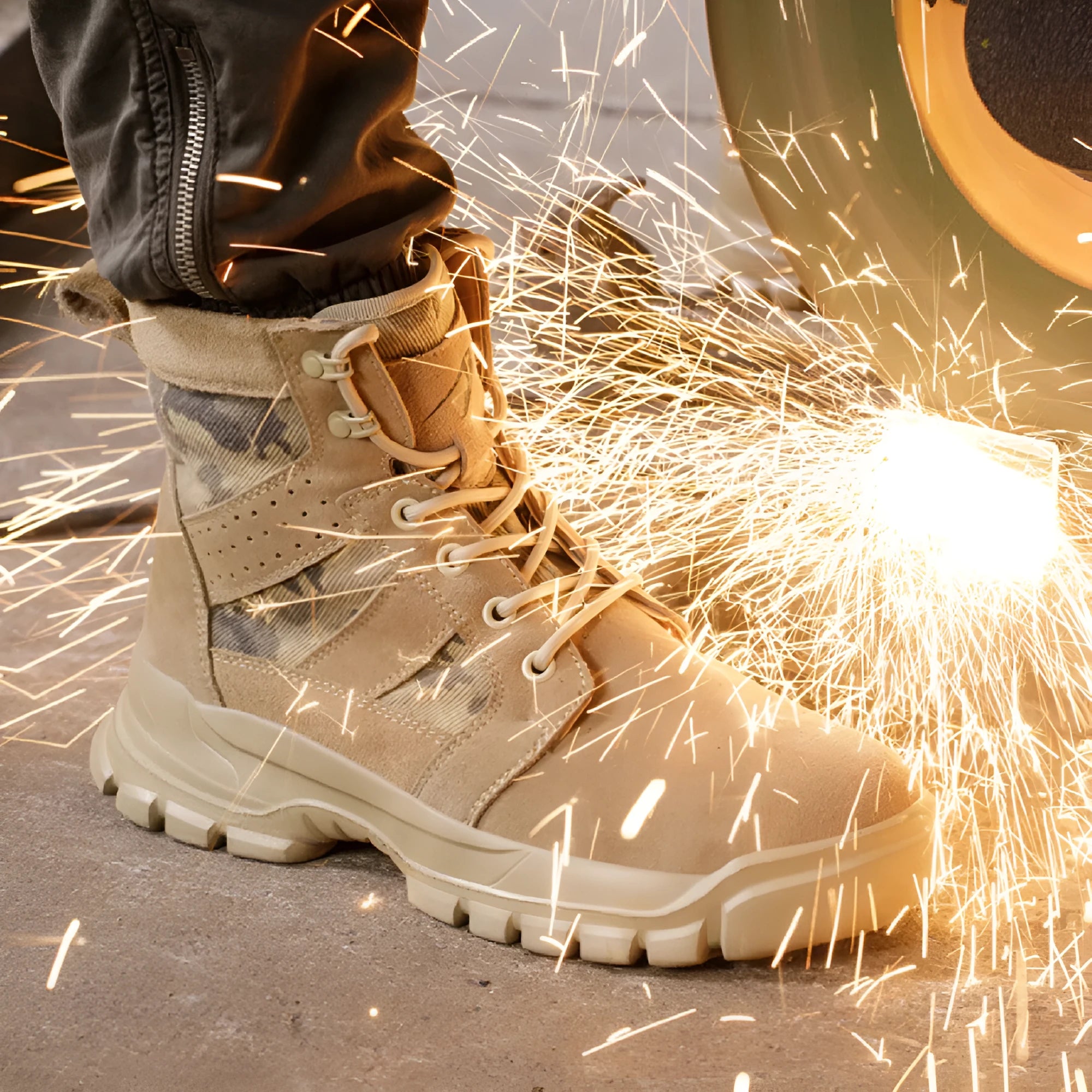 Khaki suede high-top safety combat boots with steel toe cap and front lace-up closure.