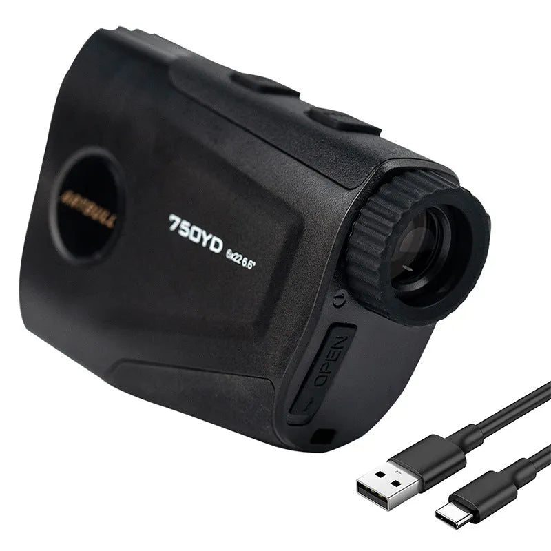 Golf laser rangefinder with LCD display showing distance measurement and slope adjustment