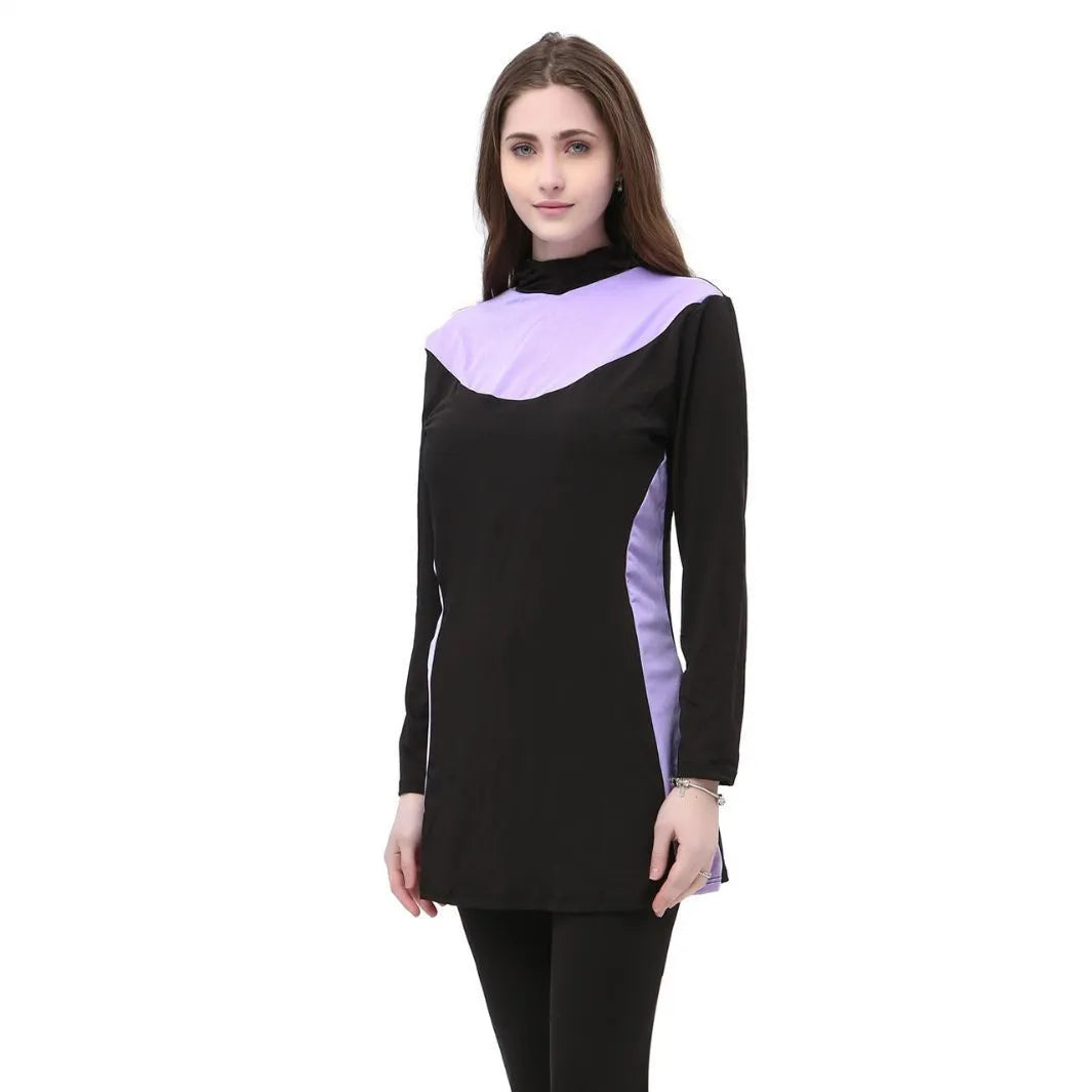 Conservative women's hooded swimsuit with long sleeves in black with colour trim