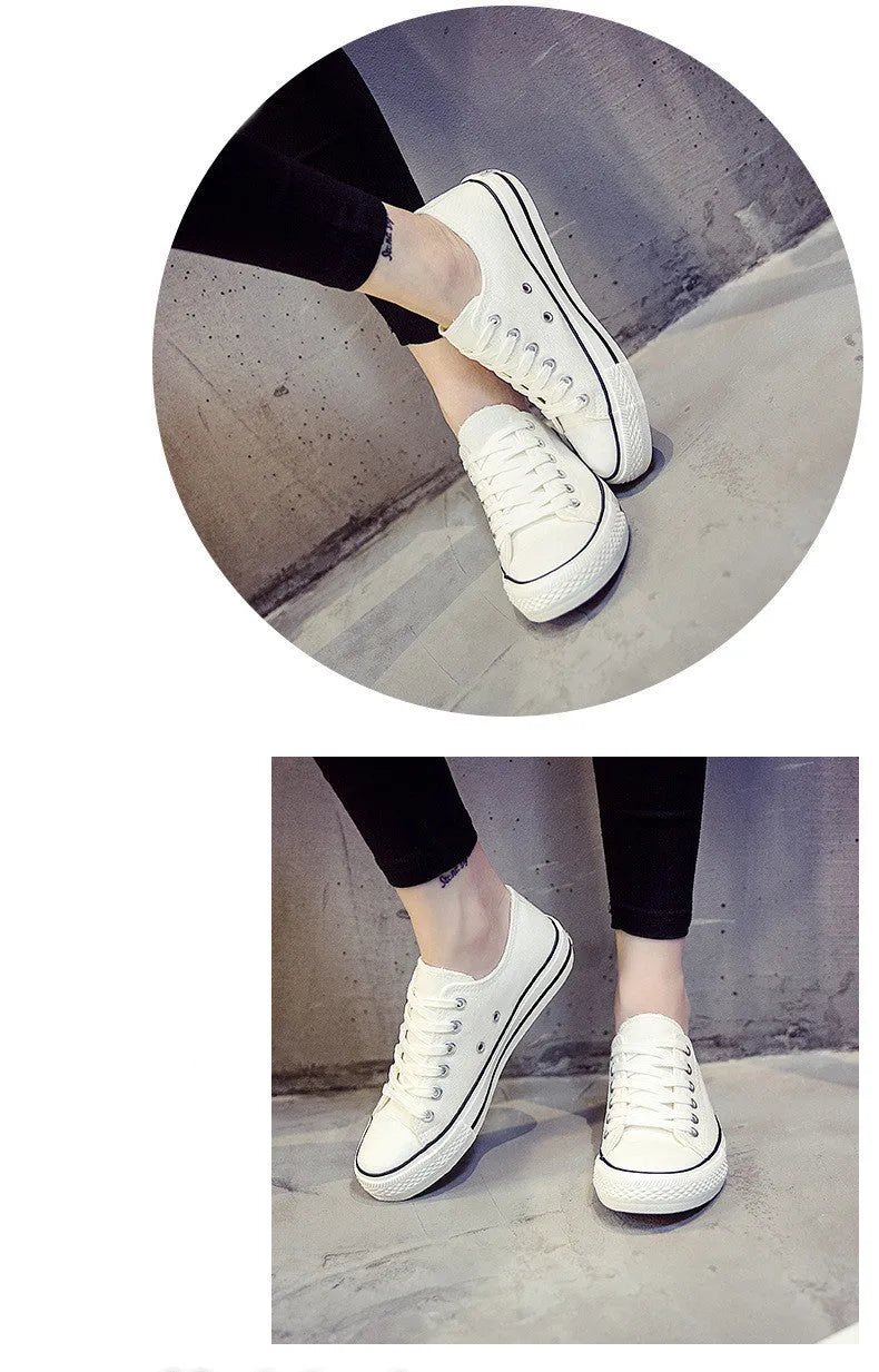Women's solid colour canvas casual shoes shown in black, white black, white red, and all black options.