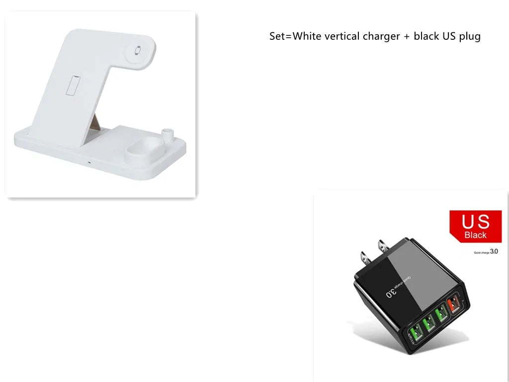 Black 4-in-1 wireless charging station with phone on adjustable stand, Apple Watch, and AirPods charging.