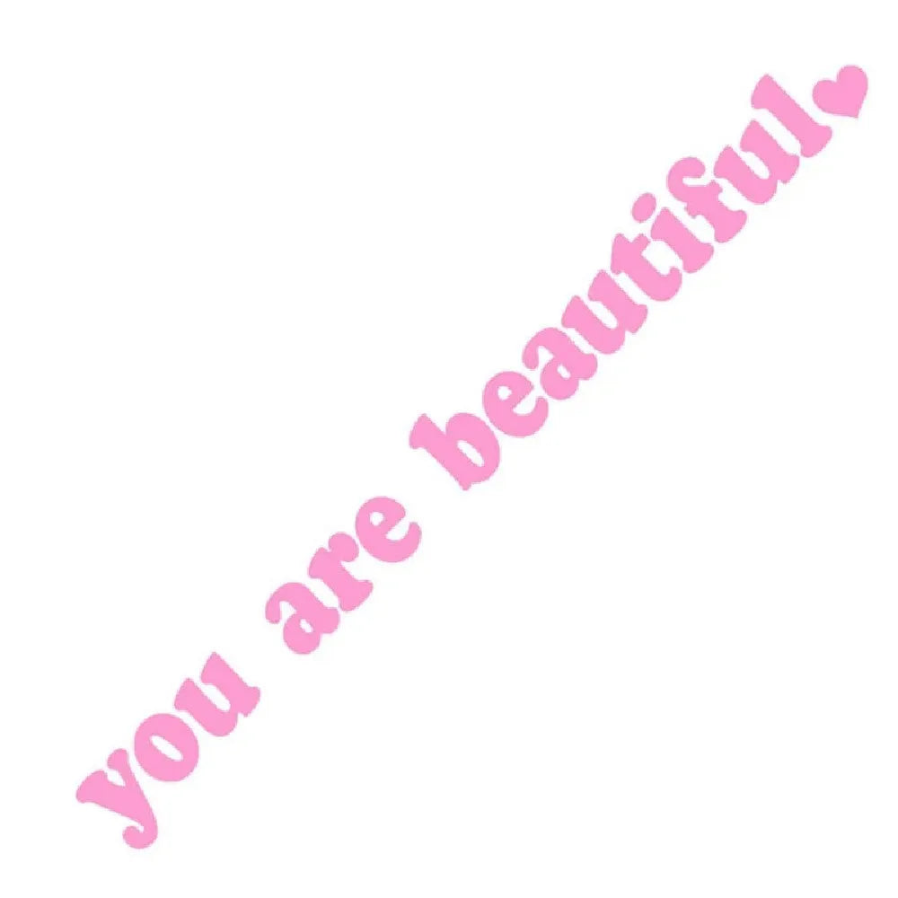 You Are Beautiful sport PVC vinyl stickers in nine colours showing laser and gold finishes with dimensions