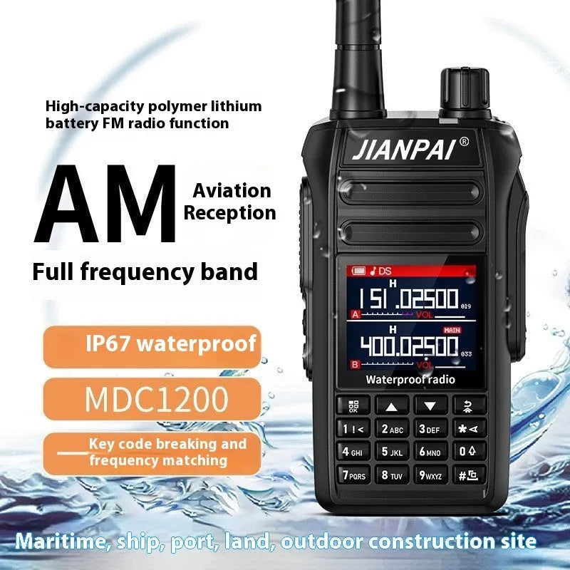 Black Interphone waterproof aviation headset with antenna, battery, charger, cable, and accessories on a table