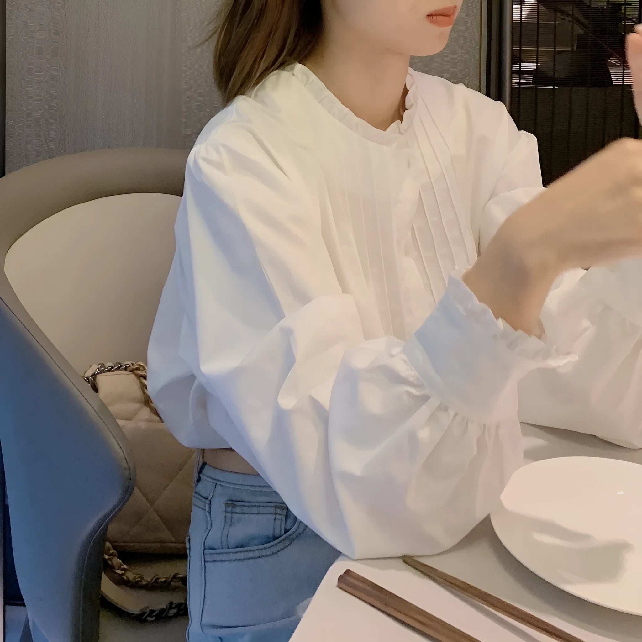 Design Sense loose western style stand collar ruffled pleated white cotton shirt for women
