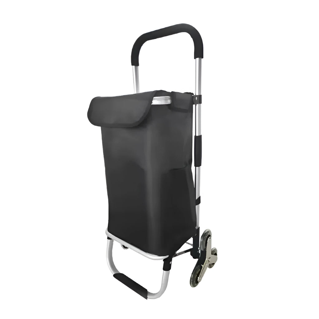Foldable black shopping trolley bag with aluminium frame and 20cm caster wheels for shopping and camping