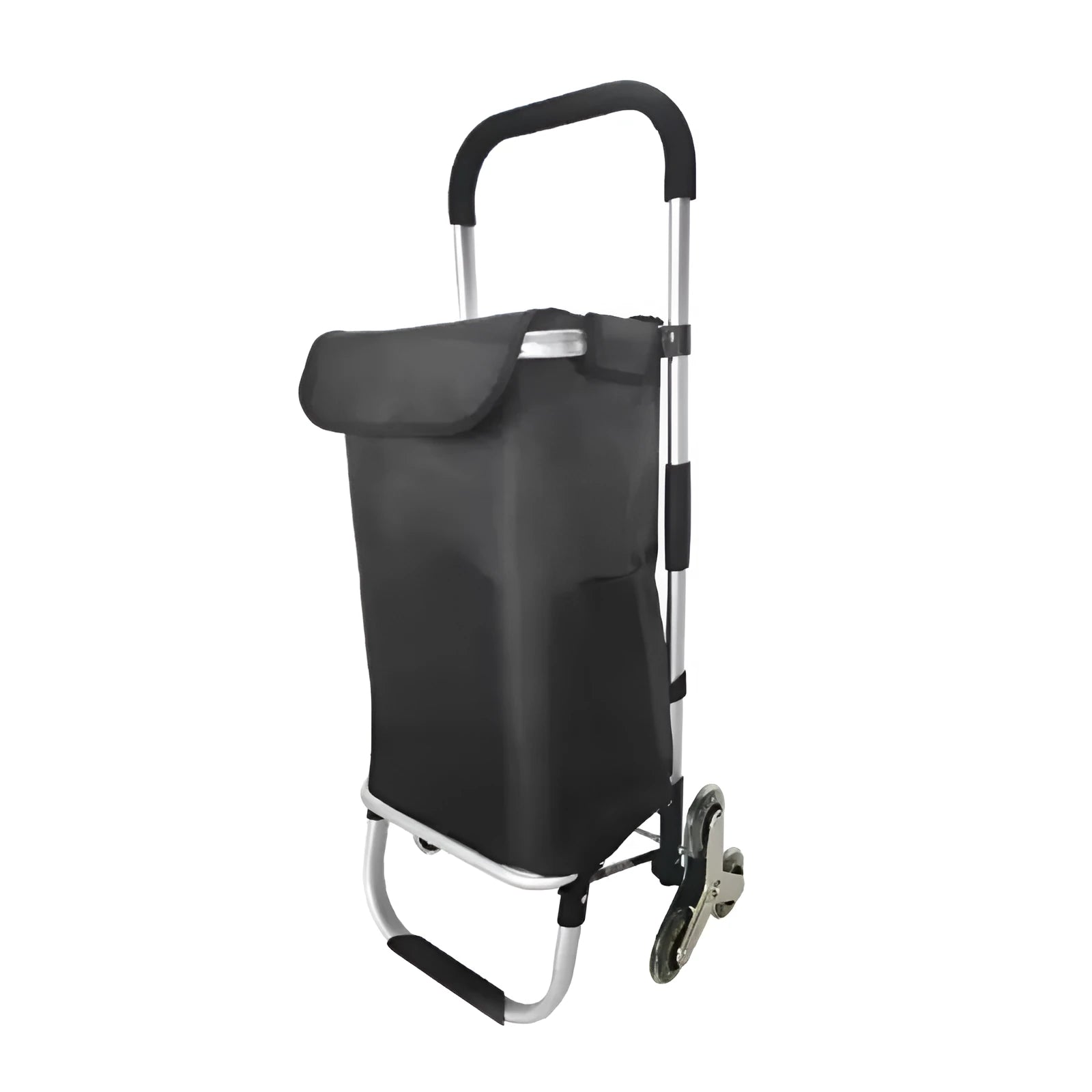 Foldable black shopping trolley bag with aluminium frame and 20cm caster wheels for shopping and camping