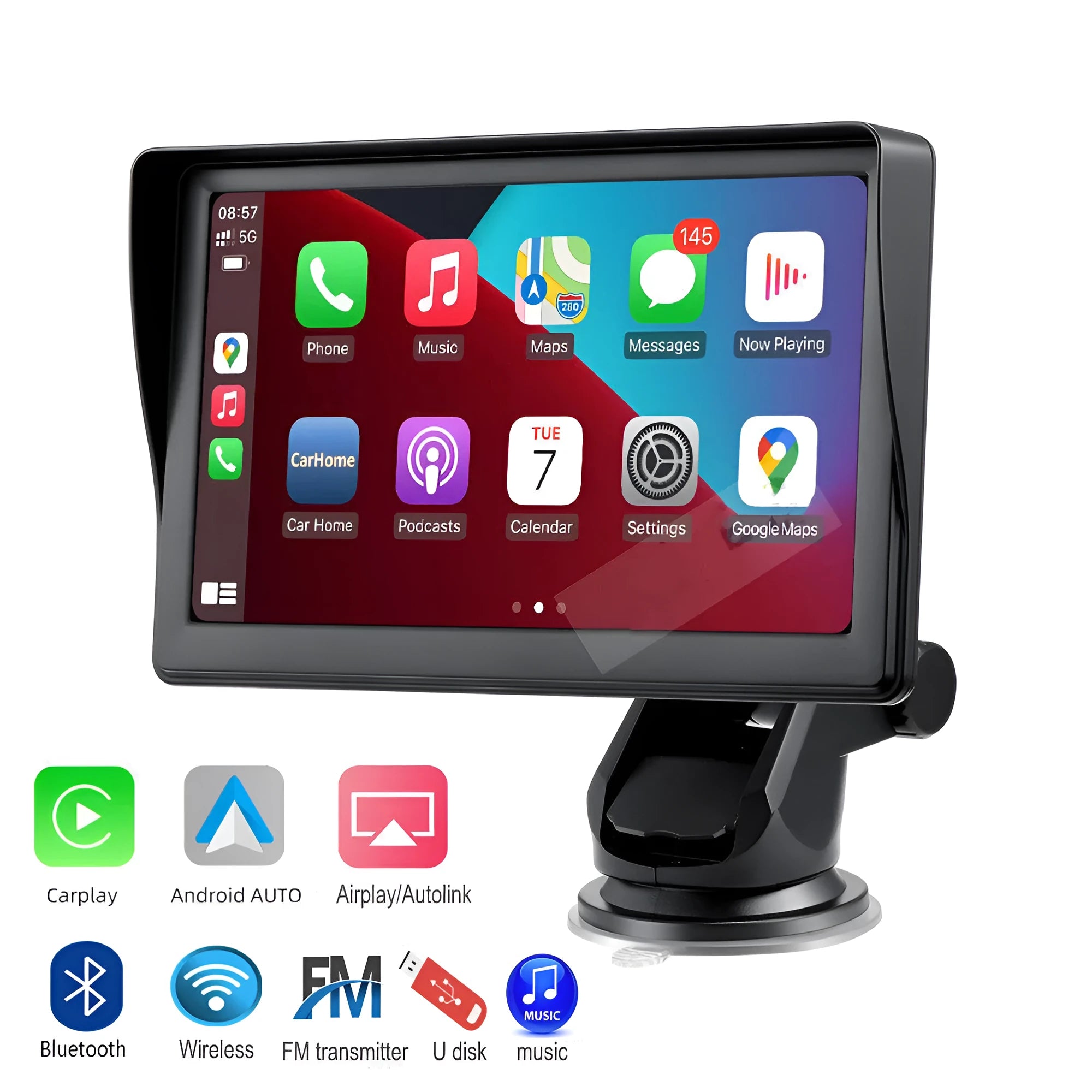 7 inch portable car smart display with retractable bracket showing wireless Carplay interface