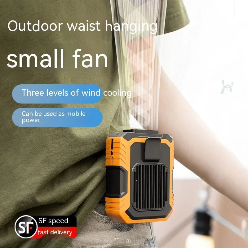 Green wrist hanging fan with light and USB power bank showing three speed settings and wearable design