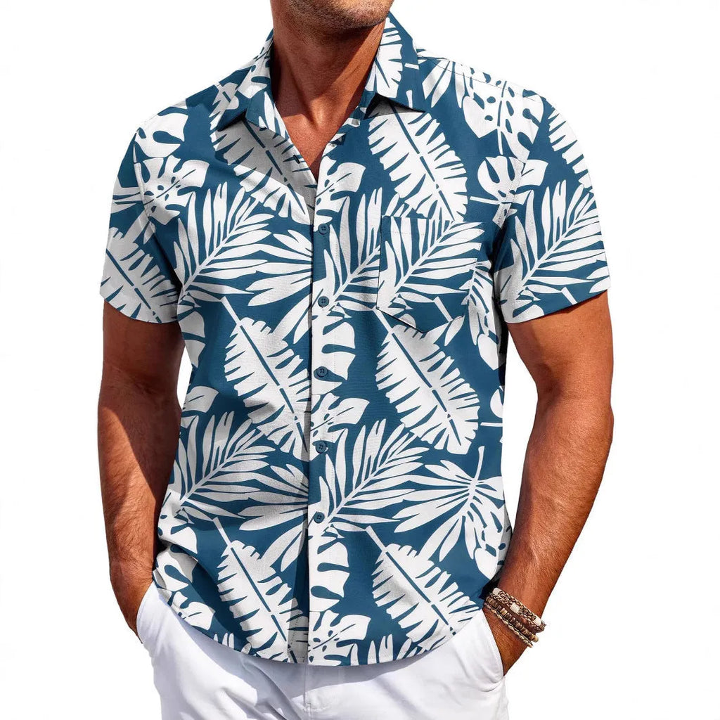 Men's slim fit short sleeve Hawaiian shirt in cardigan style, shown in a solid colour.
