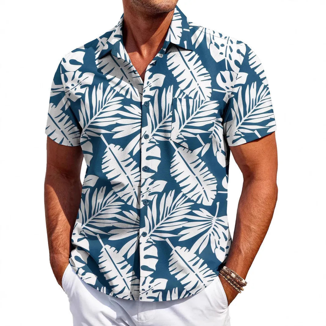 Men's slim fit short sleeve Hawaiian shirt in cardigan style, shown in a solid colour.