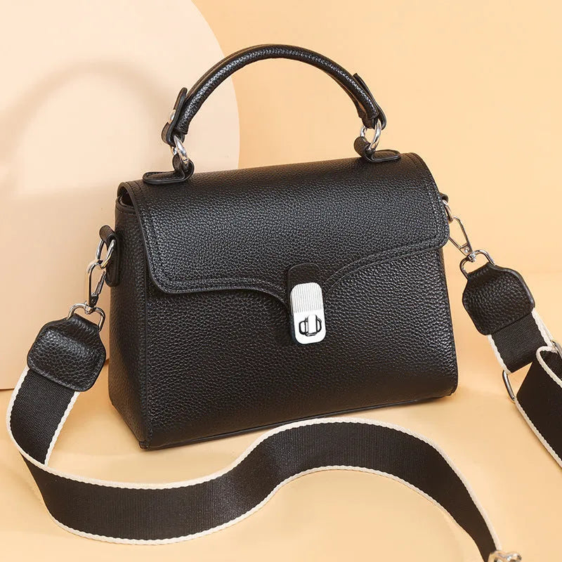 Korean commuter women's cross-body bag in genuine leather, oval shape, sandwich pocket, 21x18x9cm
