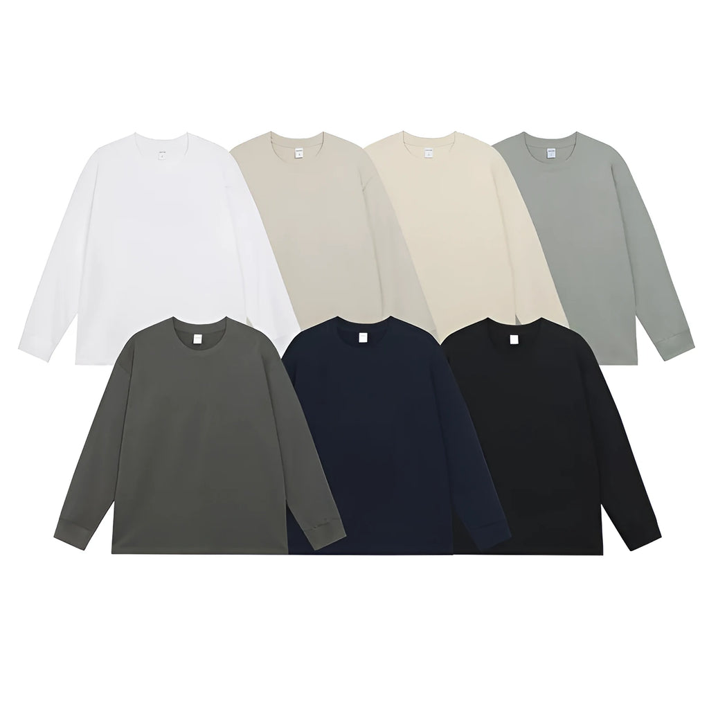 Men's loose fit solid colour cotton long-sleeved T-shirt on a hanger.