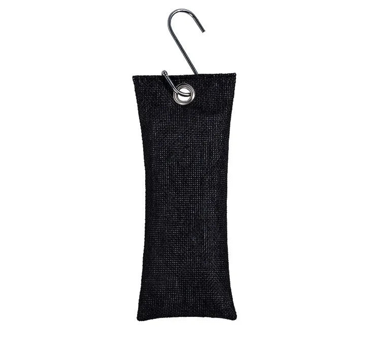 Black bamboo charcoal deodorising bag for shoes measuring 16.5 by 6.5 centimetres