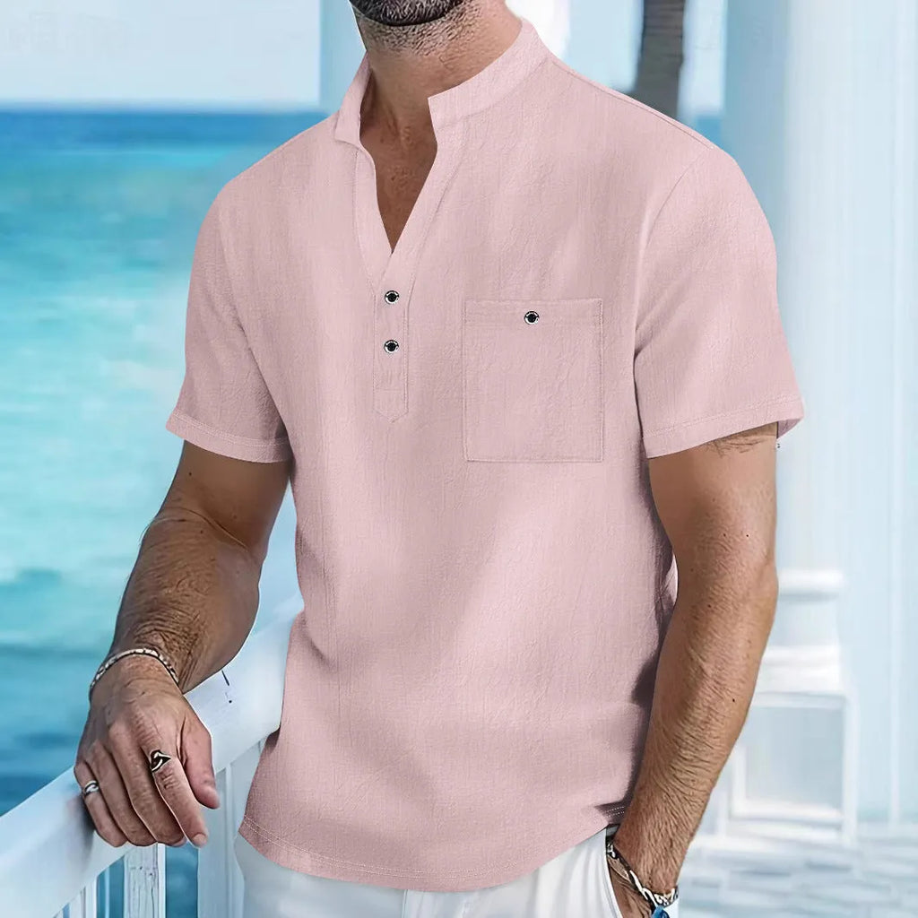 Men's linen stand collar short sleeve shirt in loose fit with solid colour