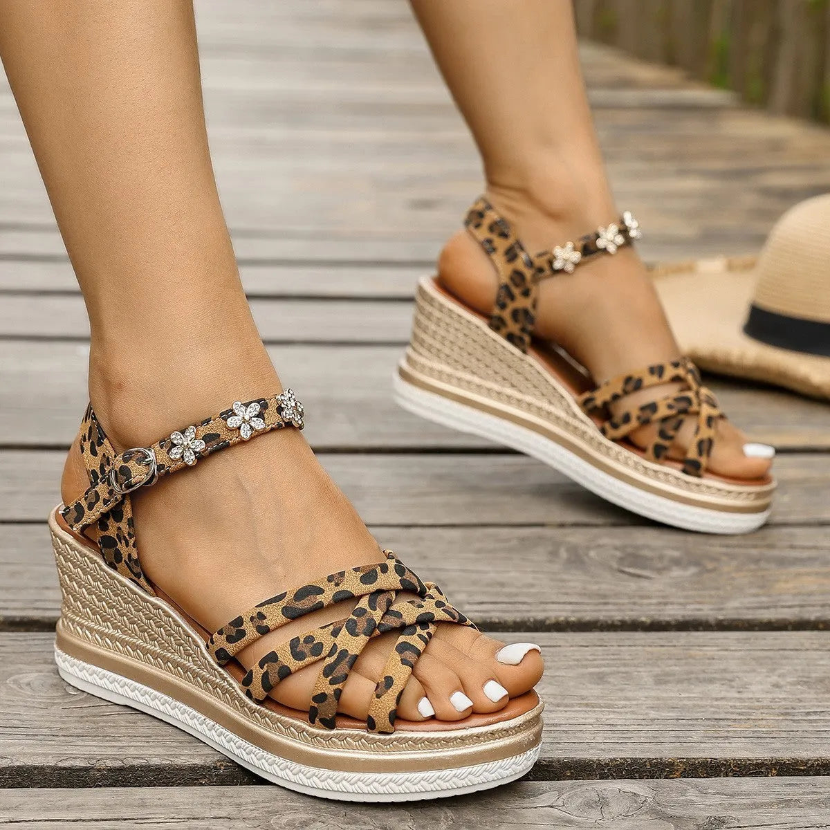 Light brown suede women's platform sandals with ankle buckle and open toe design