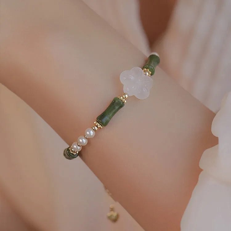 Chinese style antique bamboo joint bracelet with 4mm copper shell pearls and Hetian jade accents
