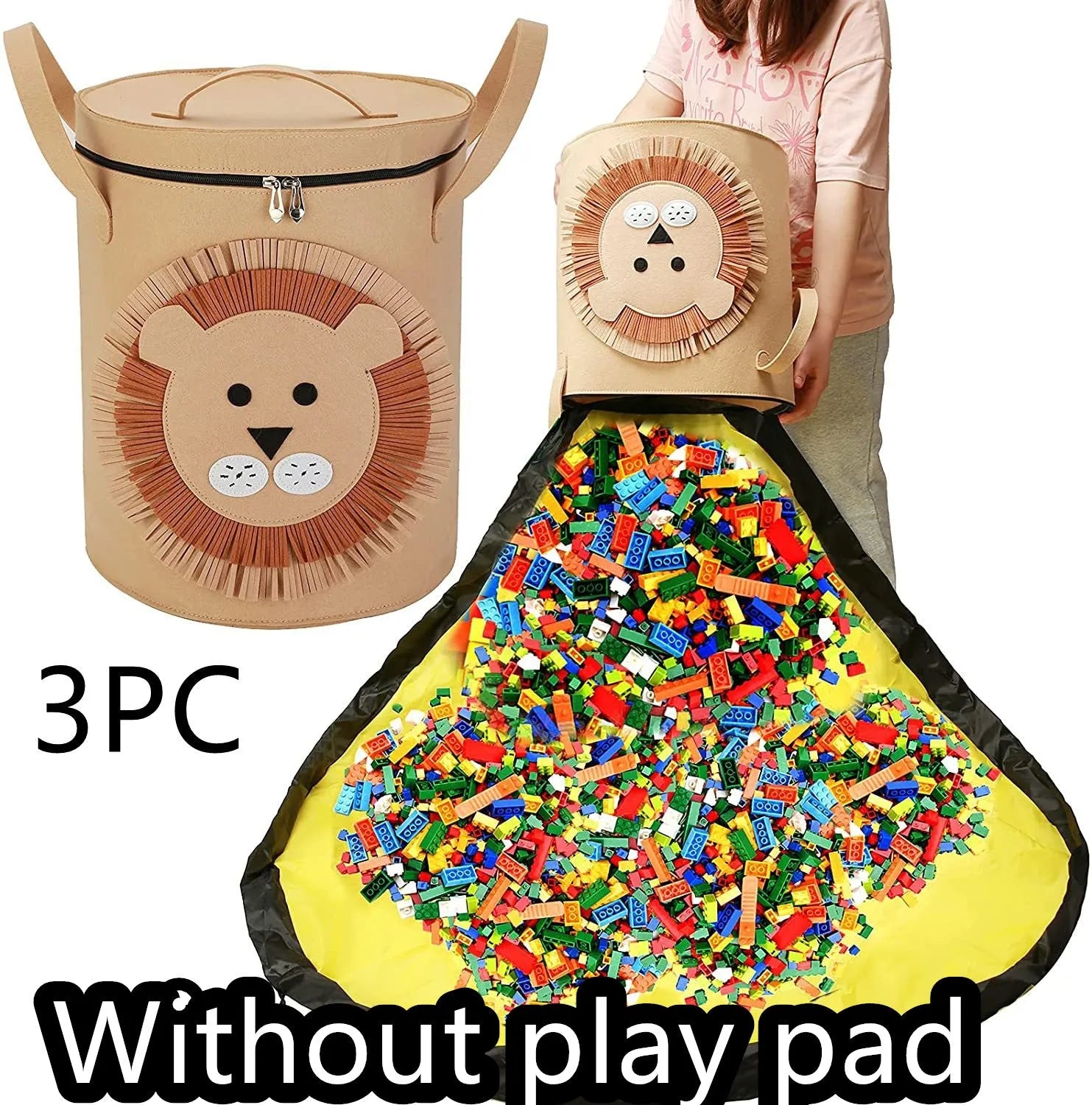 Green felt cube storage bag with pull rope closure shown as toy play mat