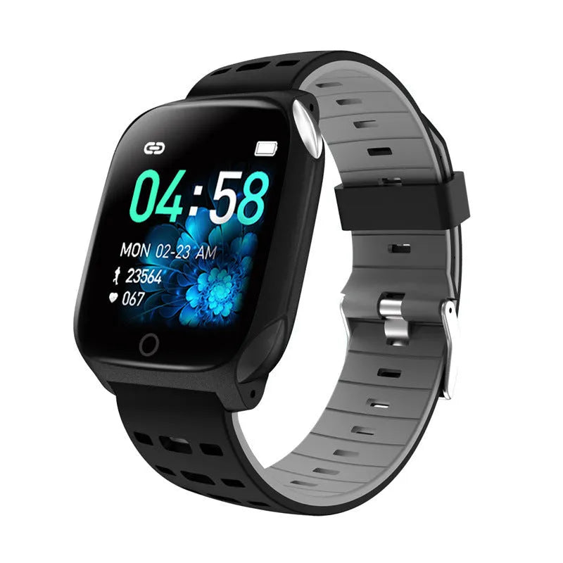 F16 smart watch with ECG monitor on a silicone wristband, showing the IPS display and physical button.