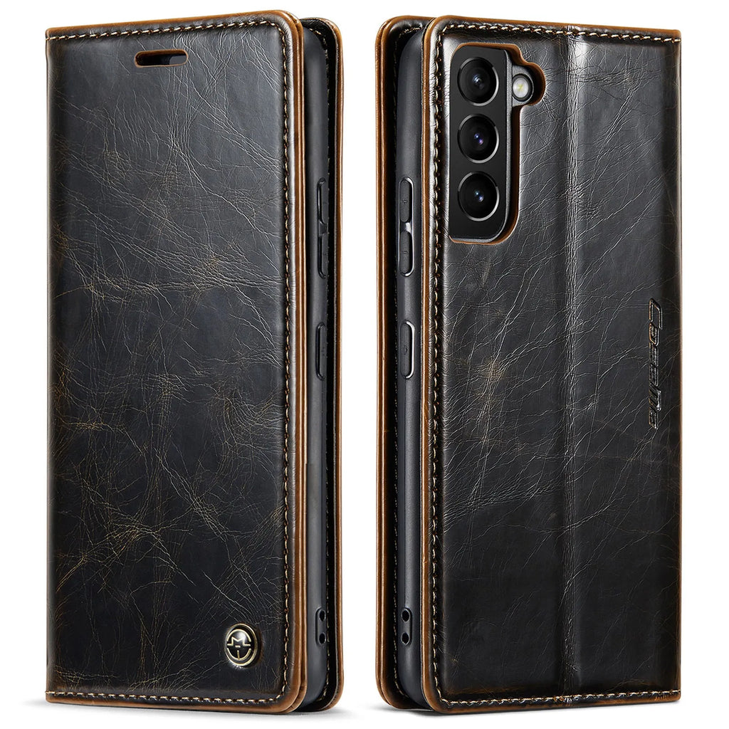 Crazy horse pattern PC leather card flip phone case for Samsung Galaxy A55, showing card slot and magnetic closure
