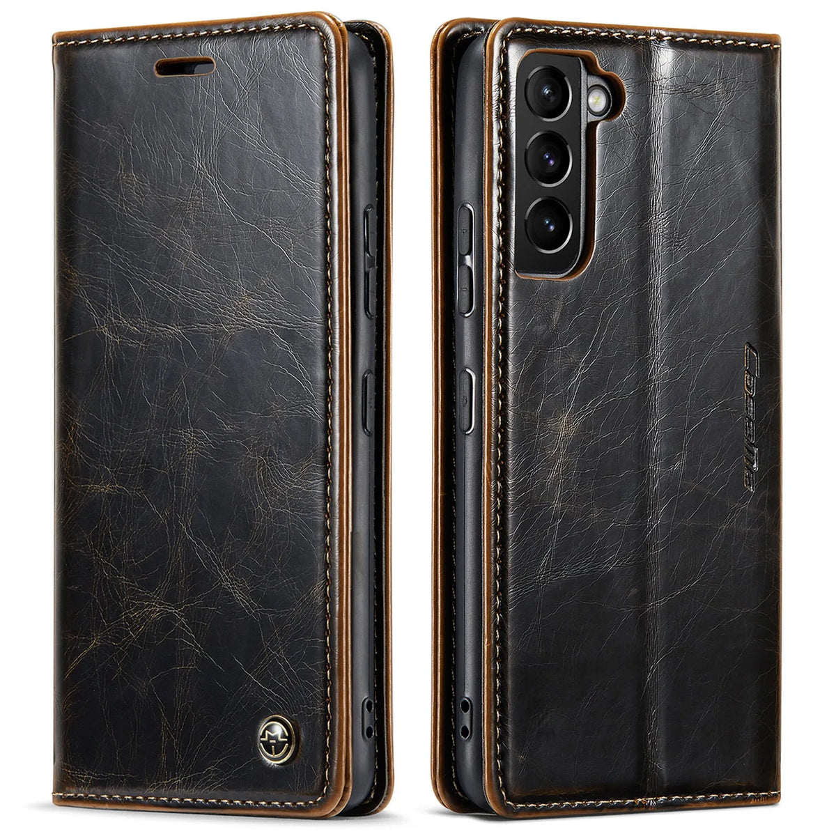 Crazy horse pattern PC leather card flip phone case for Samsung Galaxy A55, showing card slot and magnetic closure