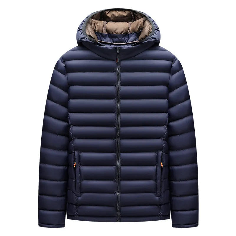 Men's lightweight solid-colour hooded down jacket with a detachable collar and zipper pockets.