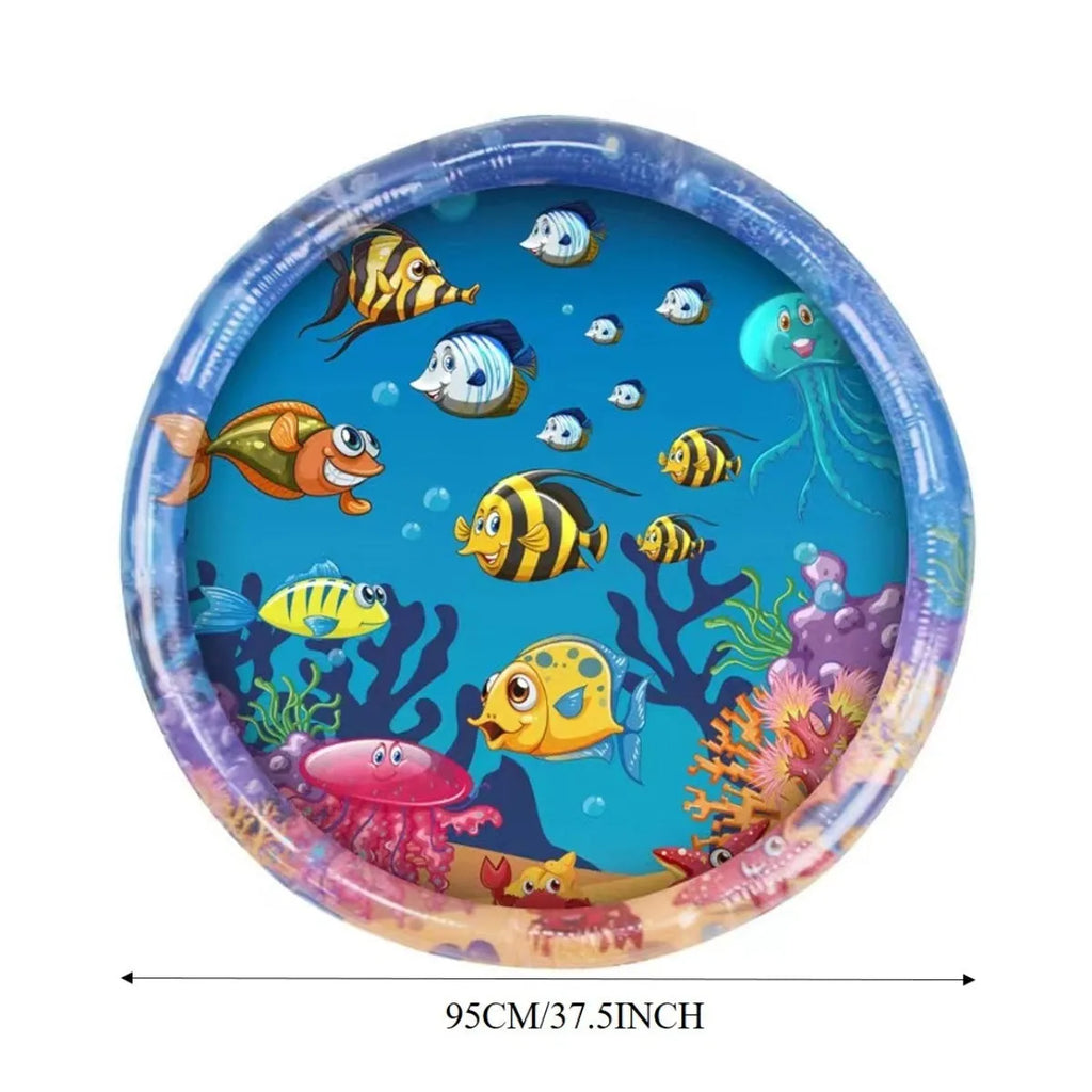 Square blue water playmat for cats on a floor, showing inflated edges and floating fish toys inside.