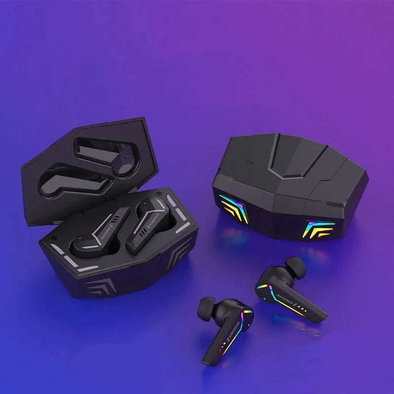 Black wireless sports Bluetooth headset with earplug design on a plain background.