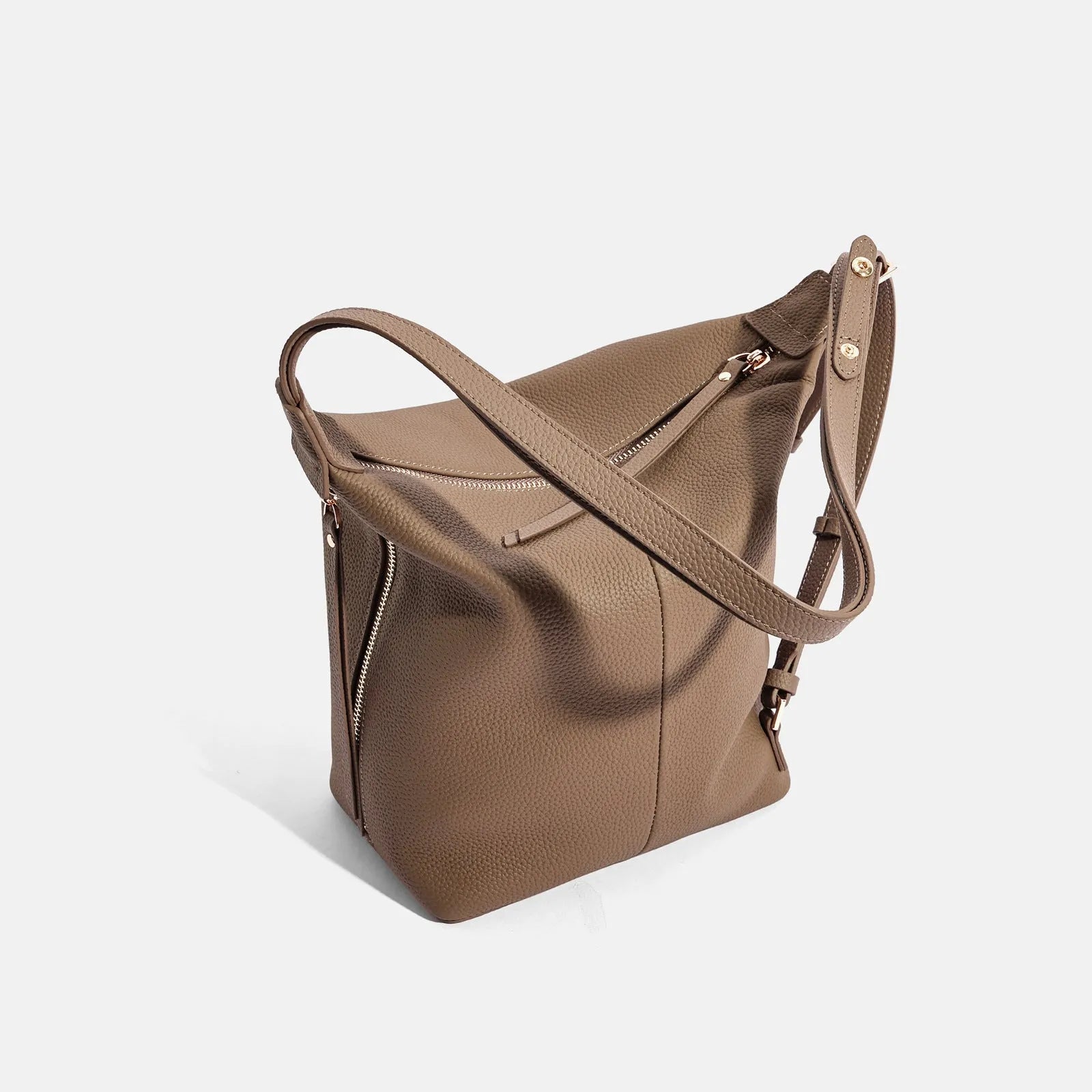Soft genuine cowhide leather women's bucket shoulder bag in elephant grey colour