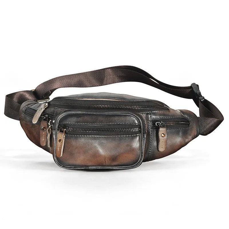 Brown leather messenger bag with single shoulder strap showing front pocket and dimensions